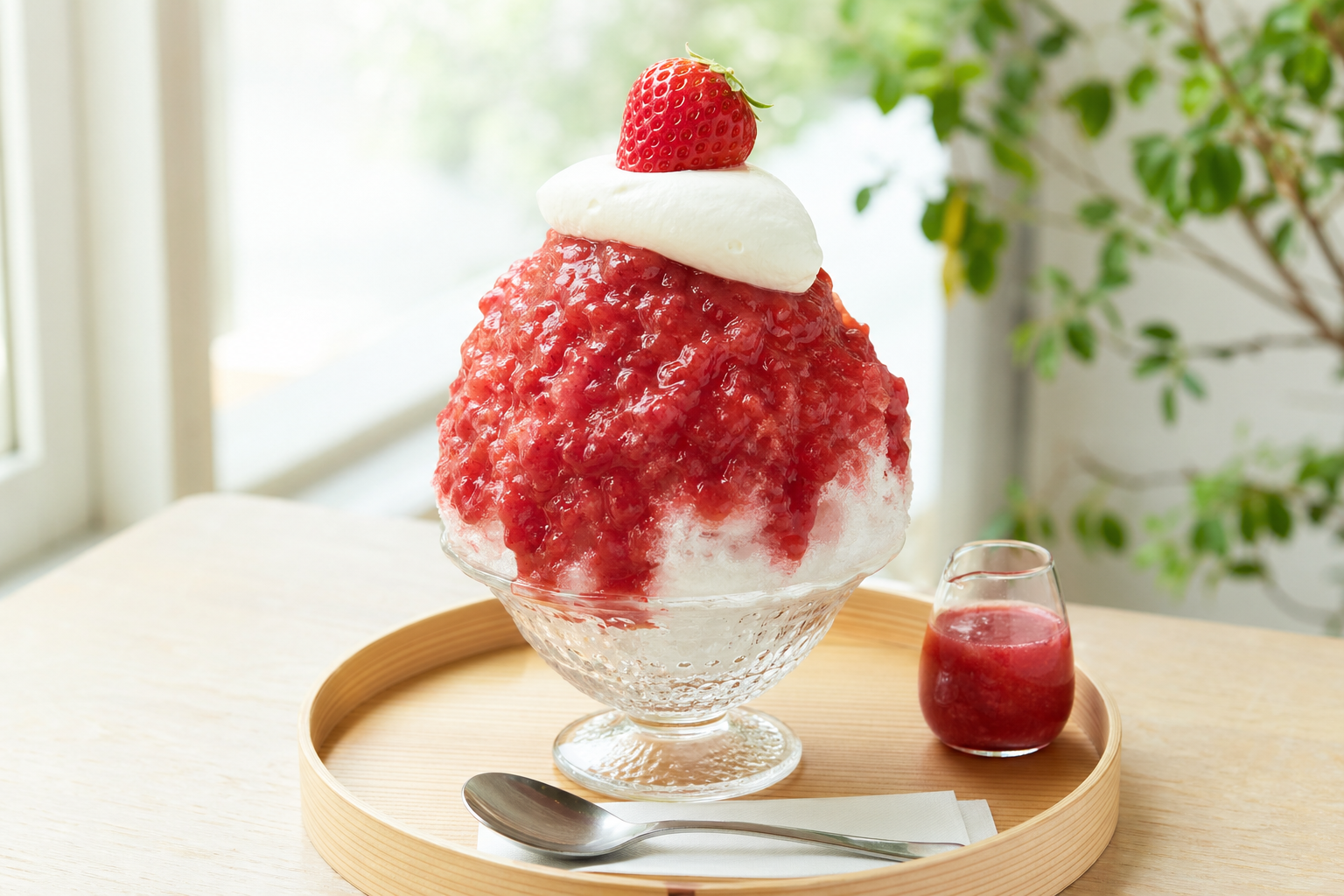 いちごづくし。いちご果肉ソースと練乳シロップ・生クリームのかき氷